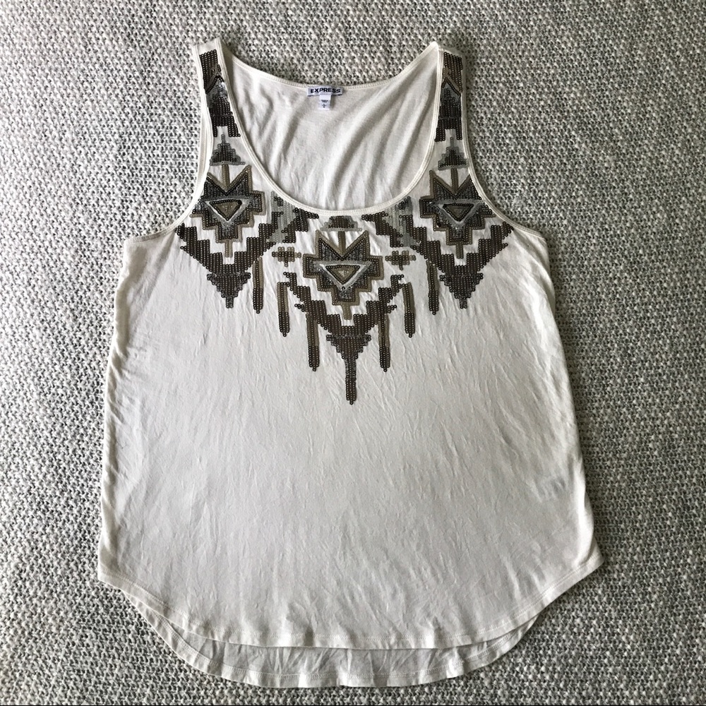 EXPRESS sequined Aztec white/cream tank top size L